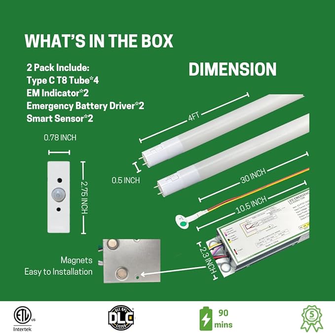 Commerical Smart LED Type C T8 Tube Light Kit with Emergency Battery Driver, 2 Tube&1 Driver, 90 Min Backup Power Replacement for T12/T5/T8 Troffer/Strip Fixtures-2 Pack (4FT w Smart Sensor)