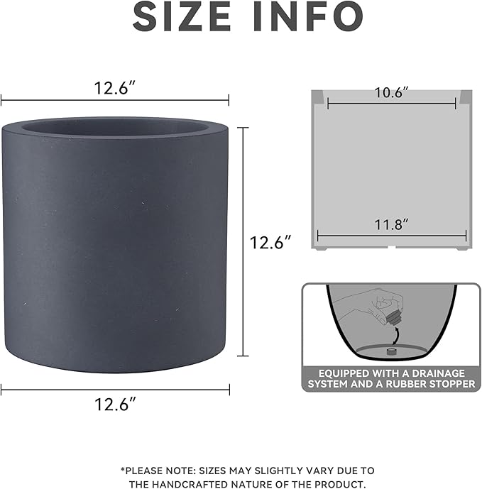 Kante 12.6" Dia Round Concrete Planter, Modern Style Large Cylindrical Plant Pot with Drainage Hole and Rubber Plug for Indoor Outdoor Patio, Dark Gray