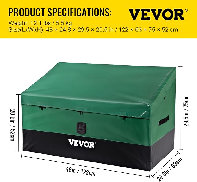 VEVOR Outdoor Storage Box, 100 Gallon Waterproof PE Tarpaulin Deck Box w/Galvanized Frame, All-Weather Protection & Portable, for Camping, Garden, Poolside, and Yard, Black & Green