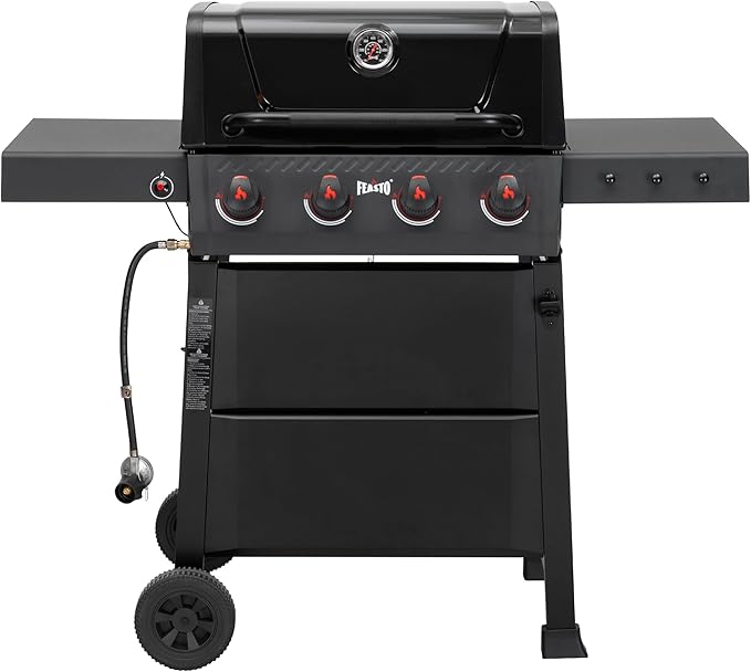 4 Burner Gas Grill, 36,000 BTU Outdoor BBQ Grill with Side Table for Outdoor Cooking & Backyard Barbecue, Premium Enameled Coated Chamber Body with Porcelain-Enameled Grates, Black