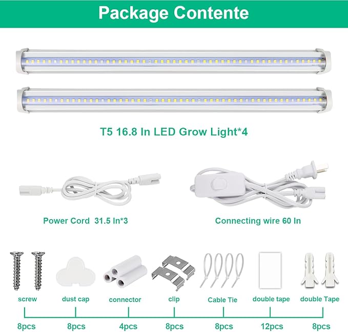 T5 Grow Lights 5000K Full Spectrum,1.4FT (4pcs x 10 Watts) Plant Growing Lamp,End-to-End Connectable Led Light Strips for Indoor Plants Succulents Flowers Growing
