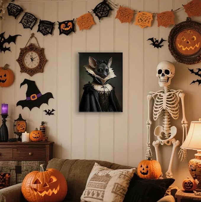 Jatinoo Gothic Bat Wall Art - Vintage Framed Canvas Print, Dark Academia & Halloween Decor, Gothic Home Aesthetic for Fantasy Art Lovers (11.5x15 Inch)