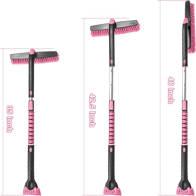 HEEYA 48 Inch Long Snow Brush for SUV, Extendable Ice Scraper and Brush with Foam Grip, 360° Pivoting Snow Car Brush for Truck Auto Jeep RV Vehicle Windshield Window - Pink