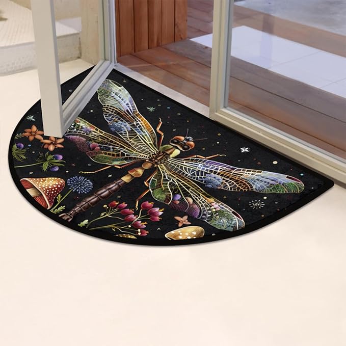 cfpolar Non-Slip Soft Half Round Door Mat, Dragonfly Mushroom Flower Semicircle Mat for Indoor Entrance Garage Bath Living Room Patio 24 x 36 in
