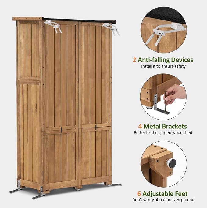 MCombo Outdoor Storage Cabinet, Garden Storage Shed, Outside Vertical Shed with Lockers, Outdoor 63 Inches Wood Tall Cabinet for Yard and Patio 0870 (Natural)