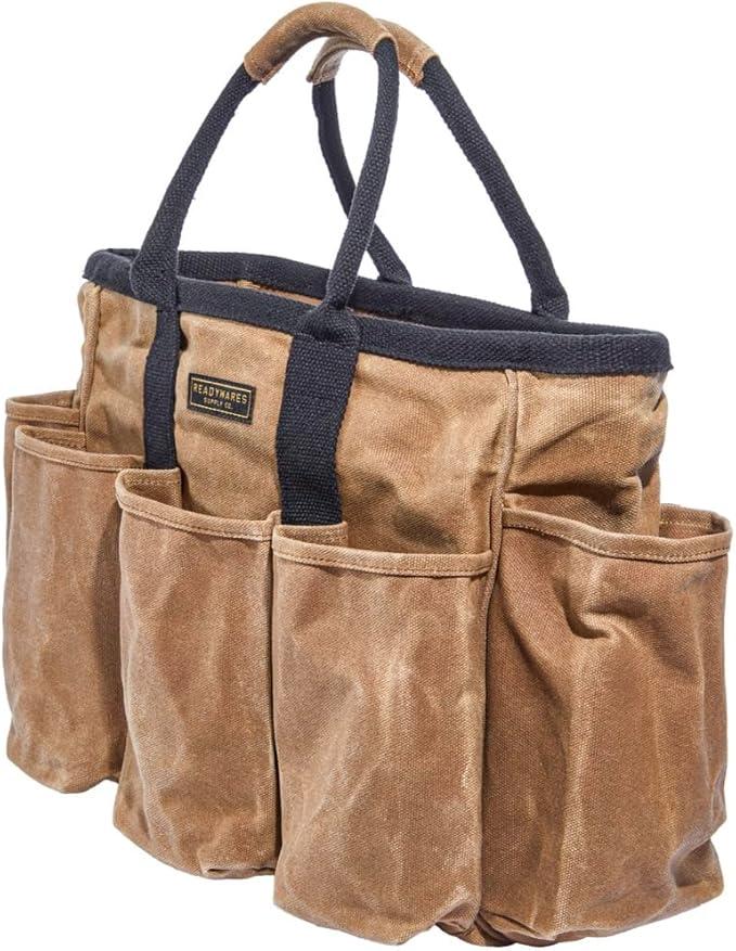 14" Waxed Canvas Supply Bag/Garden Tool Tote/Cleaning Organizer/Mobile Bar/Versatile Storage Tote With Pockets/Utility Bag with Heavy Duty Handles