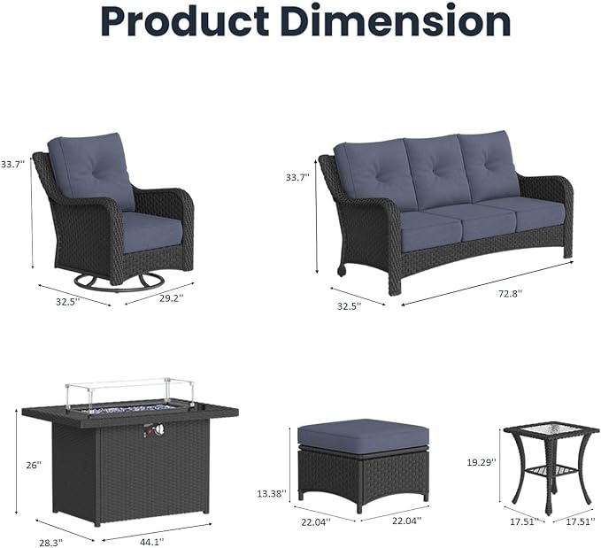 8 Pieces Outdoor Patio Furniture Sets with Rocking Swivel Chairs with 6-inch Thick Cushion and Fire Pit Table for Deck Lawn