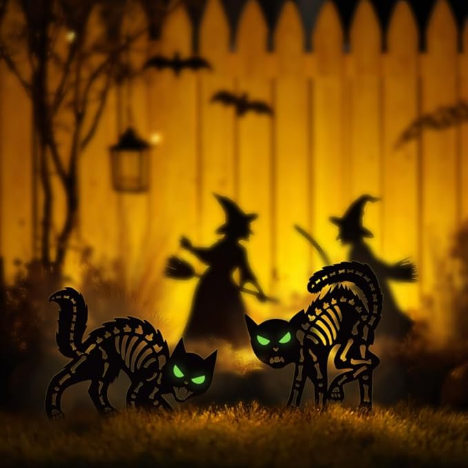 Halloween Decorations Outdoor Black Cat, Metal Black Cat Halloween Decor, Scary Cats Silhouette with Glow in Dark Eyes, Rust-Proof Lawn Decoration Yard Stakes for Family Home Party Garden Décor