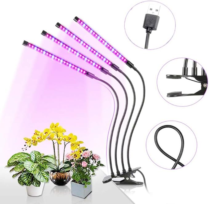 LED Grow Lights for Indoor Plants, 80W Plant Grow Lights Full Spectrum Auto ON Off with 3/9/12H Timer, 9 Dimmable Lightness Clip-On Desk Grow Lamp Bulbs (4 Heads)