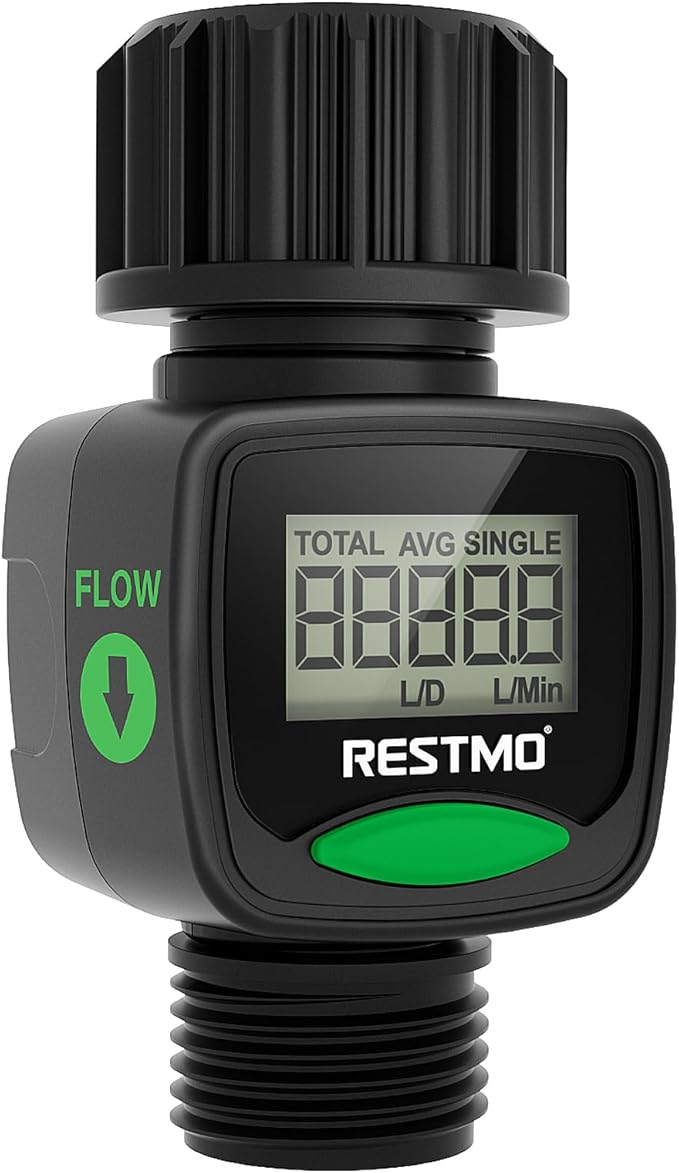 RESTMO Water Flow Meter, High Measure Accuracy, Measure Gallon/Liter Consumption and Flow Rate for Outdoor Garden Hose Watering, RV Water Tank Filling, Lawn Sprinkler and Nozzle Sprayer