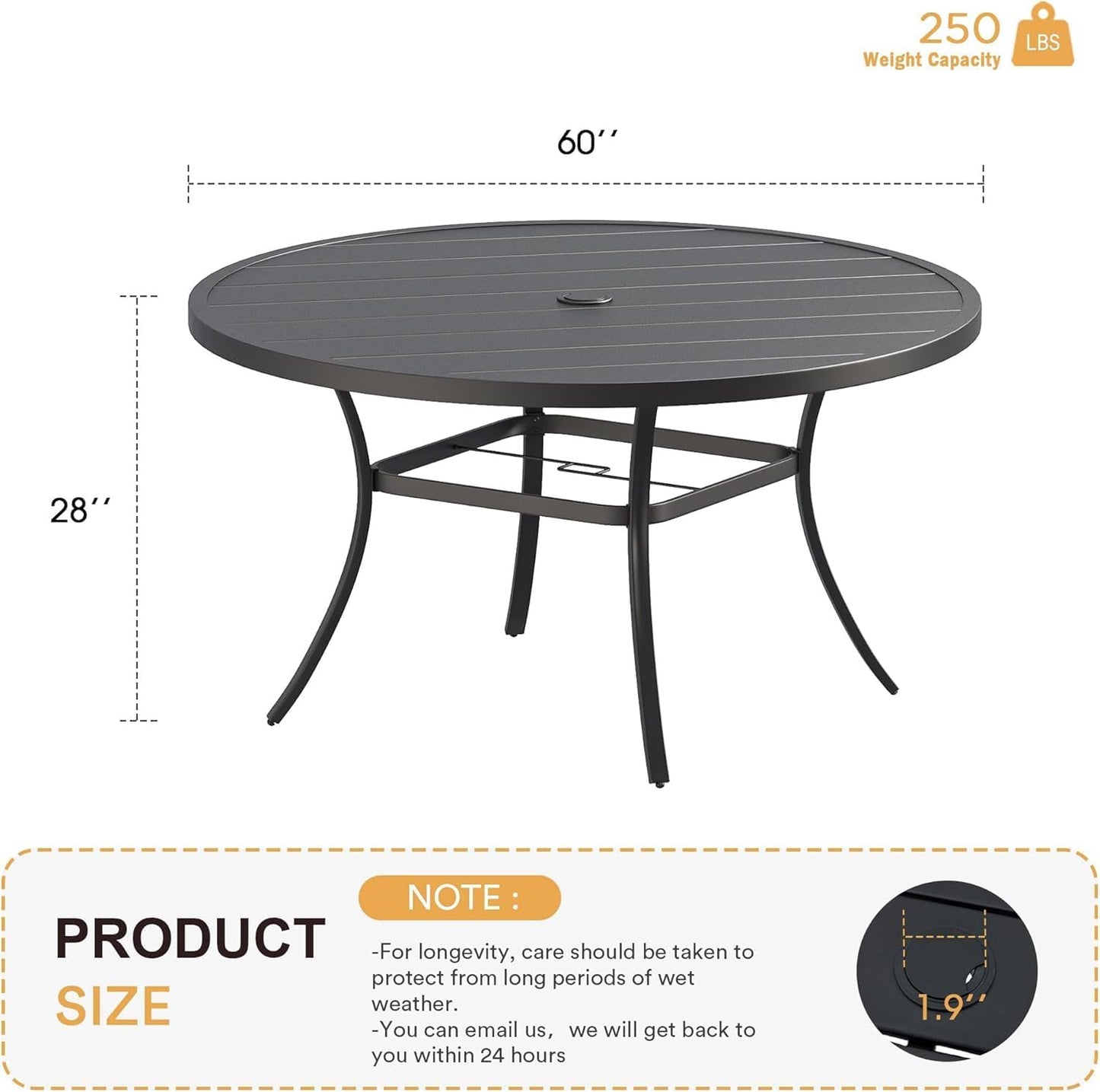 VICLLAX 60" Outdoor Round Patio Table for Lawn Garden, All Weather Metal Round Patio Dining Table with Adjustable Umbrella Hole, Outdoor Table for 8-10 Person, Black Tabletop