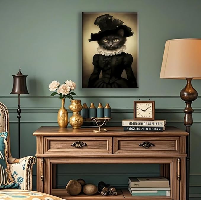 Jatinoo Gothic Black Lady Cat Wall Art - Dark Academia Framed Canvas Print for Witchy Home, Goth Bathroom & Office Decor, Vintage Halloween Cat Lover Gift (11.5x15 Inch)