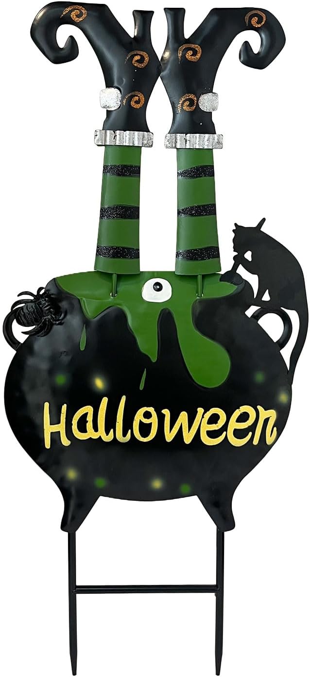 HONGLAND Halloween Decorations Witch Cauldron Garden Stake, Witch Feet Cauldron Eyeball Black Cat Halloween Decor for Outdoor Porch- 31 Inch