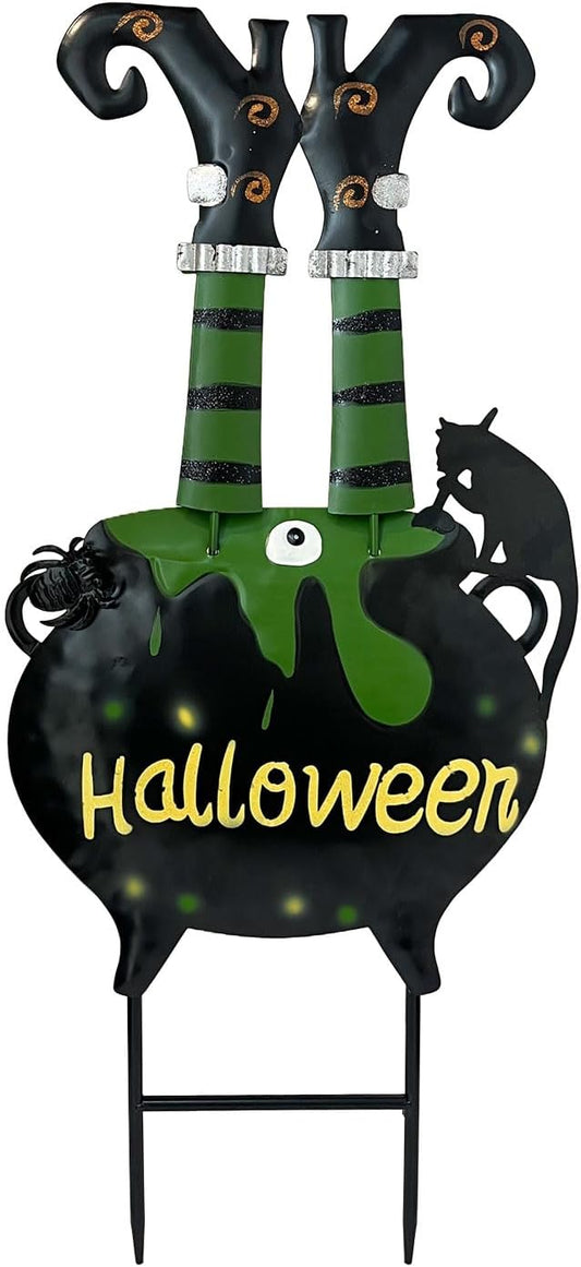 HONGLAND Halloween Decorations Witch Cauldron Garden Stake, Witch Feet Cauldron Eyeball Black Cat Halloween Decor for Outdoor Porch- 31 Inch