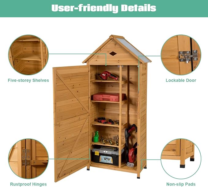 Goplus Outdoor Storage Shed, Lockable Fir Wood Garden Tool Storage Cabinet with Galvanized Sheet Roof for Garden, Yard, Natural Color