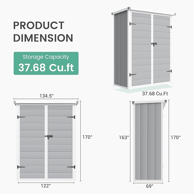 UDPATIO 4.3x5.6ft Resin Outdoor Storage Shed, Vertical Tool Shed with Shelving Brackets for Patio Pool Lawn Garden, Grey White
