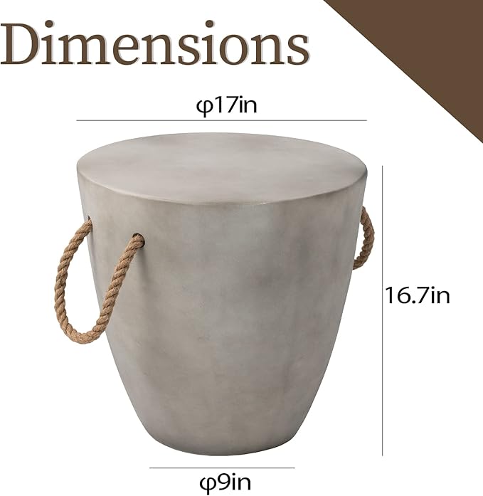 COSIEST Set of 2 Outdoor Cup Shaped Side Table, Concrete Side Table w Hemp Rope Handles,17''Patio Side Tables End Table, Outdoor Accent Table for Garden and Patio, Grey