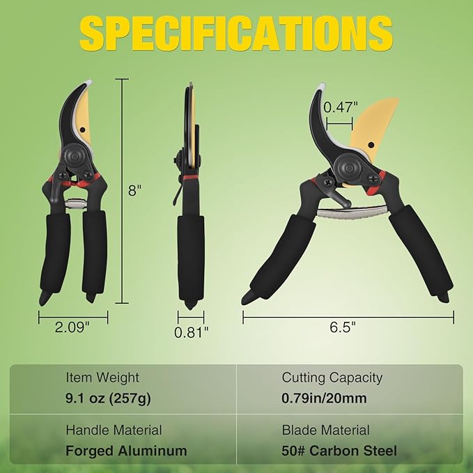 Yesker Pruning Shears for Gardening 8" Professional Bypass Garden Scissors Yard Clippers with Sharp Carbon Steel Blade Heavy Duty Hand Pruners for Branch Flower Plant Trimming Cutting Gardening Tools