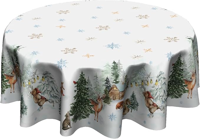 Giwawa Winter Christmas Round Tablecloth 60 Inch,Xmas Snowland Forest Deer Pine Tree Reusable Washable Fabric Tabletop Cover for Holiday Party Wedding Picnic Home Outdoor Decor