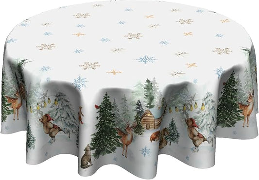 Giwawa Winter Christmas Round Tablecloth 60 Inch,Xmas Snowland Forest Deer Pine Tree Reusable Washable Fabric Tabletop Cover for Holiday Party Wedding Picnic Home Outdoor Decor