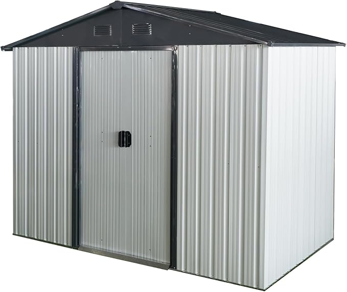 4x8 FT Outdoor Storage Shed, Metal Garden Shed with Frame Floor, Outside Tool Shed with Lockable Sliding Doors, Waterproof Storage Building with Sloped Roof for Backyard, Patio, Lawn, White+Black