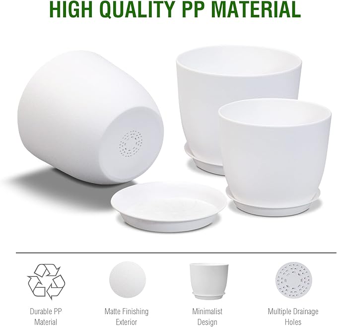 12/10/9 inch Large Plant Pots, 3 Pack Modern Decorative Plastic Planters with Drainage Holes and Saucers, Flower Pots for Indoor Outdoor Plants, White