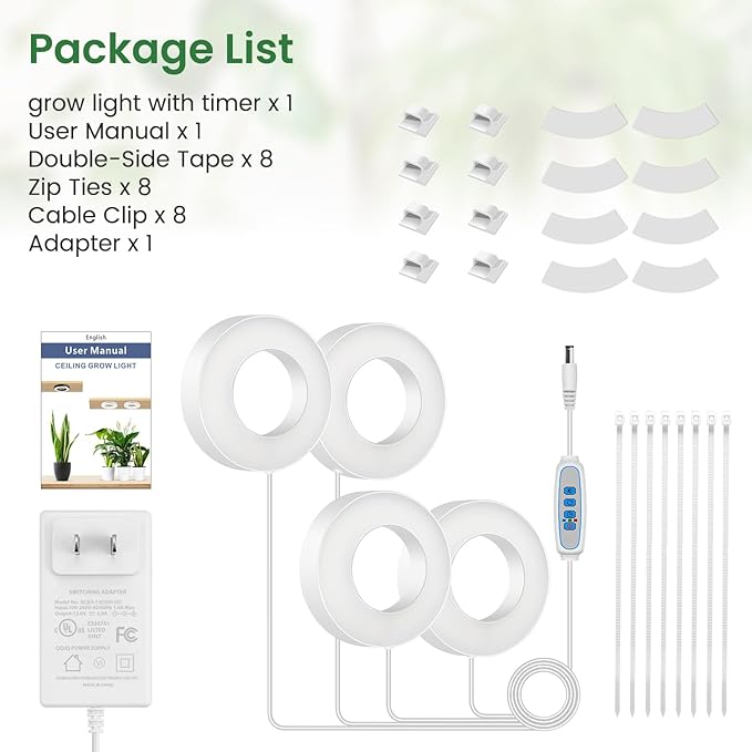 Small Grow Lights for Indoor Plants, 192 LEDs Full Spectrum Plant Grow Light with DC Adapter, 6/12/16H Timer, 3 Color Modes, 5 Brightness Levels, 3.5" Growing Lamp for Small Plants (4-Head)