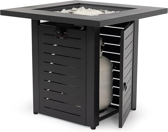 28'' Propane Fire Pit Table, 50,000 BTU Fire Table with Steel Lid, Big Legs, Laval Rocks. 1172