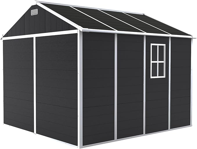 8x8 FT Resin Storage shed, Outdoor Storage Sheds with Floor, Window, Lockable Doors and Vents, 12mm Thick pp Board, Large Storage Space Tool Shed for Lawn, Backyard, Patio (Dark Gray, 8 * 8ft)