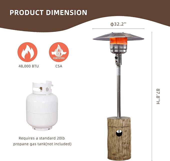 Afterglow 48,000 BTU Outdoor Patio Heater, Terrafab Material Base w Internal Gas Tank, Light Brown