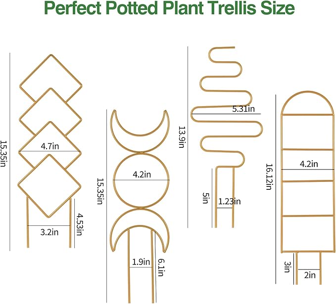 Indoor Plant Trellis for Potted Plants, 16inch Gold Small Trellis for Climbing Plants Outdoor Garden Metal Trellis with Different Patterns for Vine Ivy Flower Plant Support 4 Pack