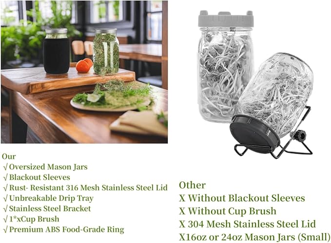 Lulonpon Sprouting Kit, 2 Sprouting Jar Kits, Wide Mouth Quart Mason Jars with Stainless Steel Screen Sprout Lids,1000ml, Stand and Canning Brush,Seed Sprouter Set for Growing Broccoli, Alfalfa