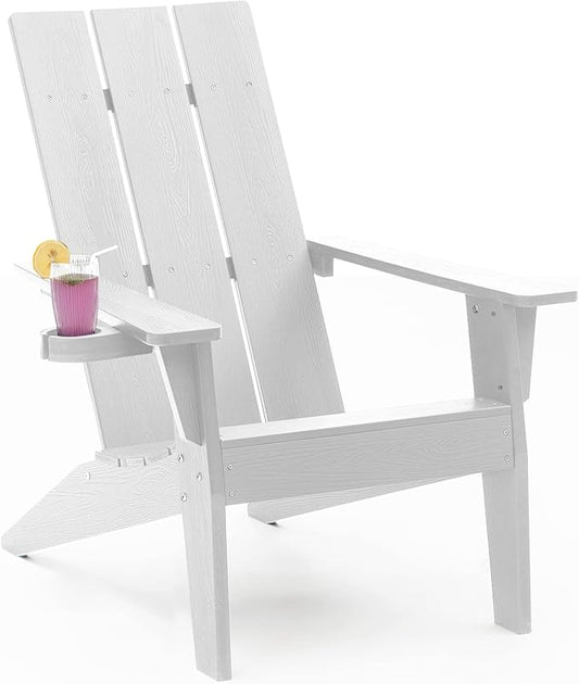 MXIMU Modern Adirondack Chair Weather Resistant with Cup Holder Oversized Fire Pit Chairs Adorondic Plastic Outdoor Chairs for Firepit Area Seating (White)