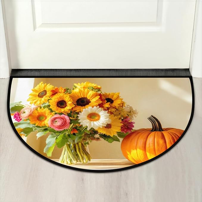 cfpolar Fall Non-Slip Soft Half Round Door Mat, Pumpkin Sunflower Semicircle Mat for Indoor Entrance Garage Bath Living Room Patio 24 x 36 in