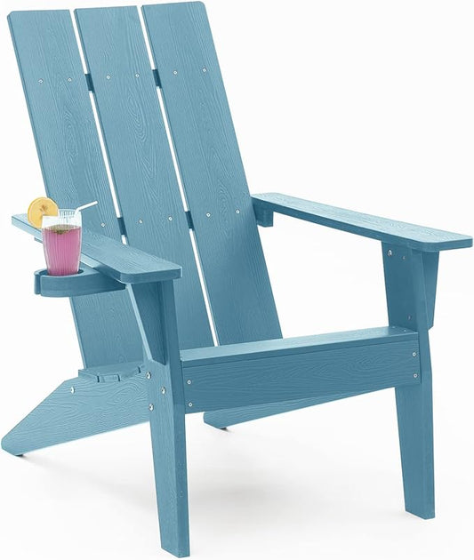 MXIMU Modern Adirondack Chair Weather Resistant with Cup Holder Oversized Fire Pit Chairs Adorondic Plastic Outdoor Chairs for Firepit Area Seating (Blue)