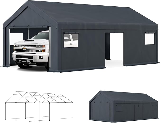 GREEN PARTY Carport, 13'x24' Extra Large Heavy Duty Carport with Roll-up Windows, Waterproof & 12 Legs Car Canopy Portable Garage Shelter with Removable Sidewalls & Doors for Car, Truck, SUV, Boat