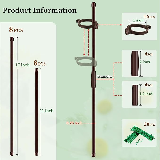 Plant Stakes 17inch &11inch SupKing 16Pcs Adjustable Flower Support Poles Brown Orchid Sticks with Clips for Indoor Outdoor Garden Potted Tomato Rose Amaryllis Vegetables Comes with 20 Ties
