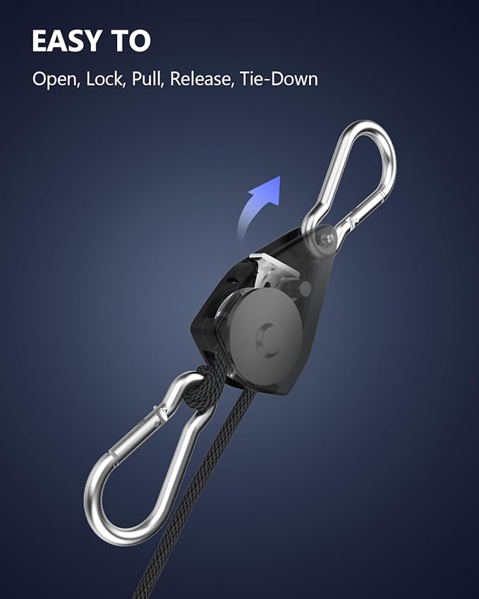 VIPARSPECTRA Retractable Heavy Duty Ratchet Tie Down Straps [12 Pack, 8ft, 75lbs/Pack], Rope Pulley System with Carabiner Hook Rope Adjuster for Hanging Plants/Grow Light/Tents Various Tie-Down Uses