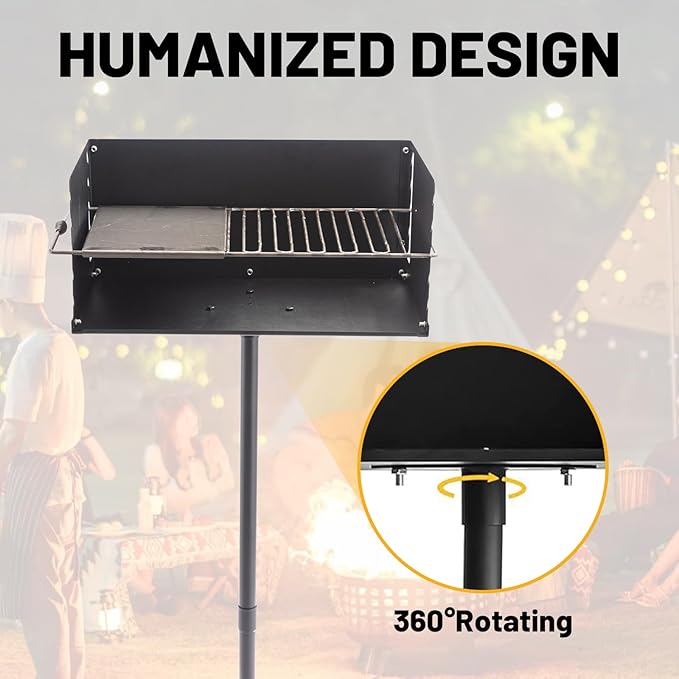 Park-Style Charcoal Grill Heavy Duty Steel Outdoor BBQ Grill with Grate and Single Post Outdoor Cooking Backyard Barbecues Camp Grilling 16x16x8 Inch