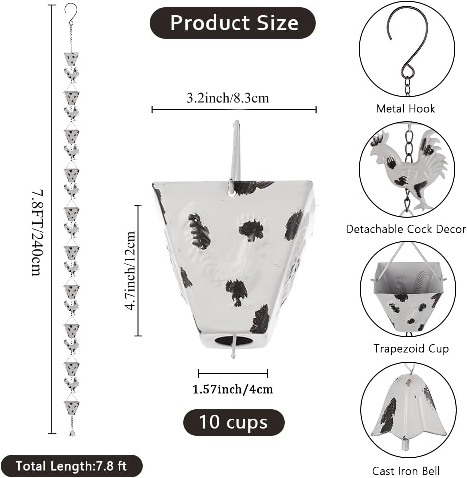 7.8FT Rain Chain for Outside, Rain Chain with 10 Rooster Cups Adjustable Rain Chains for Gutters, Eaves, Drainage, Replacement for Downpout