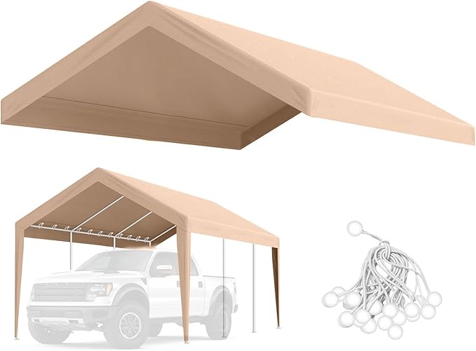 Carport Canopy 10'x20' Heavy Duty Replacement Cover, Beefull Carport Replacement Canopy for Car Garage, Waterproof & UV Protected Tarp with Ball Bungees, Beige(Frame is not Included)