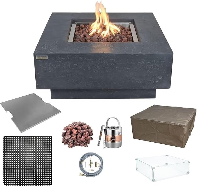 Elementi Manhattan Gas Fire Pit Bundle Concrete Fire Table, Outdoor Fire Pit Electronic Ignition | Canvas Cover, Lava Rock Included | Free AMS Wind Guard | Dark Gray (Natural Gas)