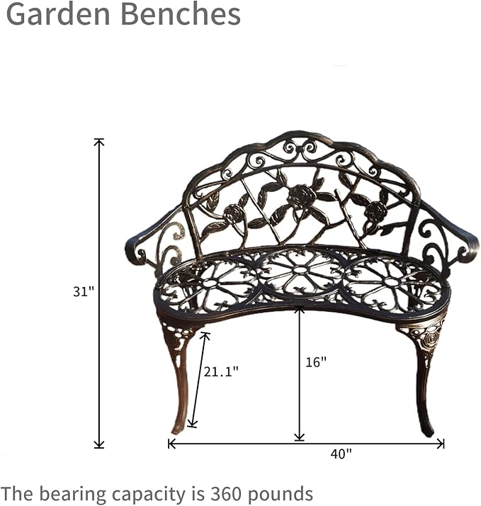 KAILI Garden Bench, Metal Aluminum Rose, Suitable for Garden Porch Park Front Porch Balcony Outdoor (Bronzed)