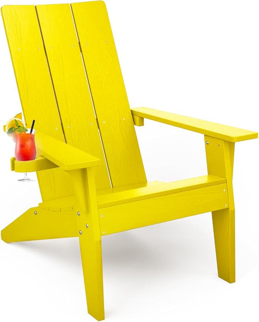 MXIMU Modern Adirondack Chair Weather Resistant with Cup Holder Oversized Fire Pit Chairs Adorondic Plastic Outdoor Chairs for Firepit Area Seating (Yellow)