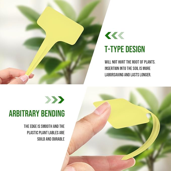 Plant Labels 200 Pcs Yuanling T-Type Plastic Garden Tags Waterproof Plant Sign Stakes Nursery Garden Makers for Seedlings Flower Vegetables Herb Potted Belt Permanet Marker Pen (Yellow)