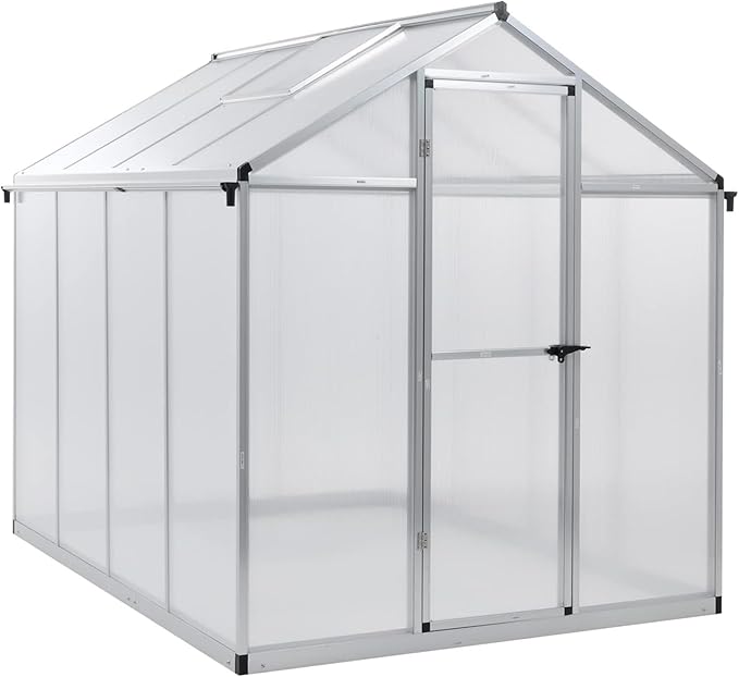 Aoodor 6 x 8 Ft Walk-in Greenhouse with Gutter, Polycarbonate and Heavy-Duty Aluminum Frame, Adjustment Skylight and Lockable 2-Sided Door for Patio, Outdoor, Yard, Lawn Use, Silver