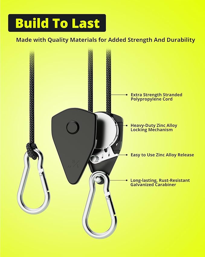 12-Pack 1/8" Adjustable Rope Hanger, Heavy-Duty Ratchet Tie Down Strap with Reinforced Metal Gear, 10 FT Length, 75 lbs Capacity for Grow Lights, Hanging Plants, and General Tie-Downs