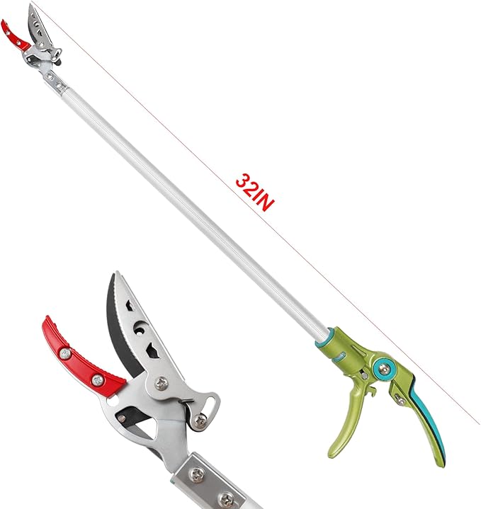 GARTOL Cut & Hold Long Reach Pole Pruner, 32 Inch Lightweight Tree Trimmer Long handle Pruner, Cuts up to 1/2 Inch, One-Hand Garden Pruning Shears for Branches Trimming, Fruit Picking