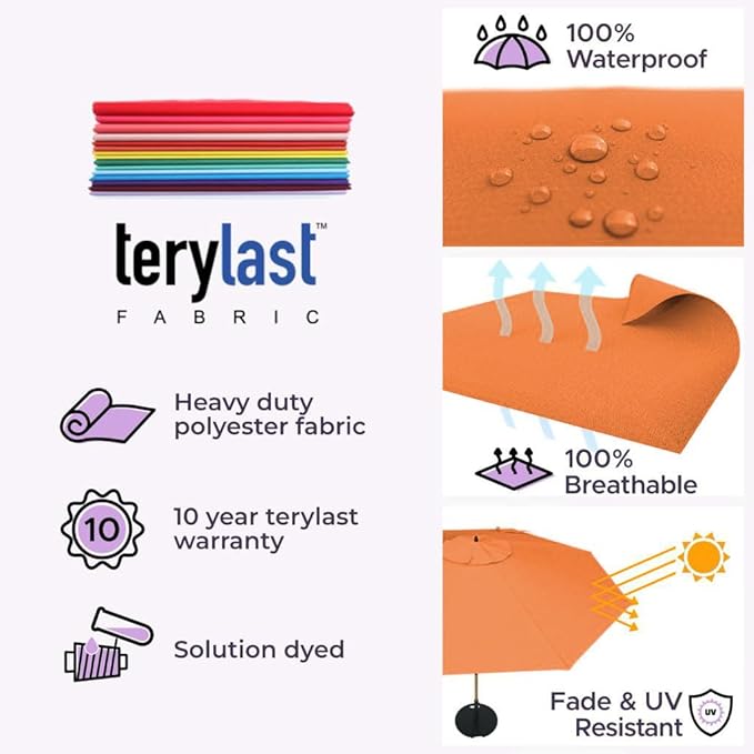 Midtown Umbrellas The Swilt 9 Feet Patio Umbrella in Terylast Tangerine (Bright Orange) Polyester Fabric - Fiberglass Ribs, Auto-Tilt Aluminum Frame For Backyard, Deck, Garden, Pool - White Pole