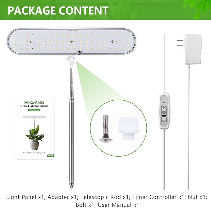 FOXGARDEN Grow Light, Full Spectrum LED Grow Lamp, Plant Lights for Indoor，Auto Timer 4/8/12H, 4 Dimmable, Height Adjustable 8.5"-24", Growing Lights